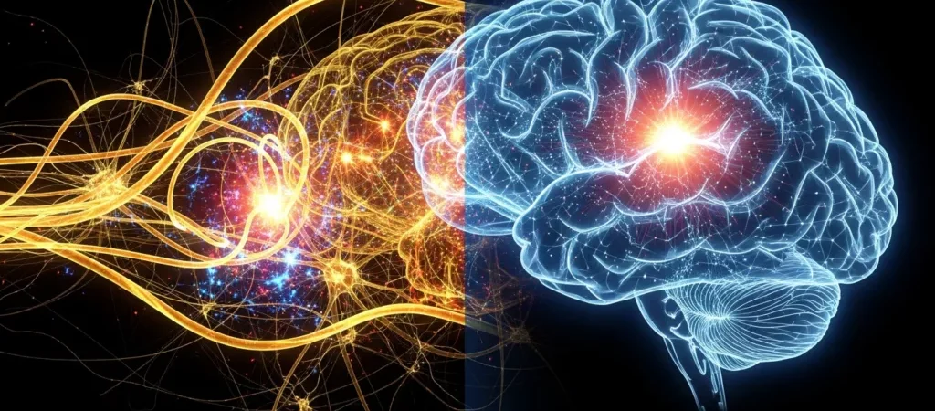Illustration of a glowing brain surrounded by bright, swirling lines representing neural connections.