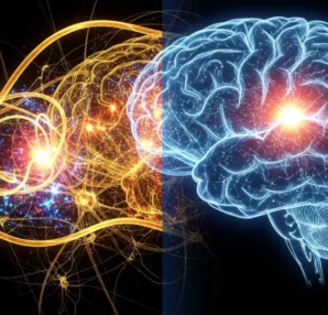 Illustration of a glowing brain surrounded by bright, swirling lines representing neural connections.