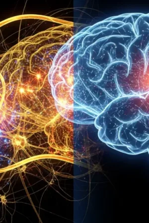 Illustration of a glowing brain surrounded by bright, swirling lines representing neural connections.