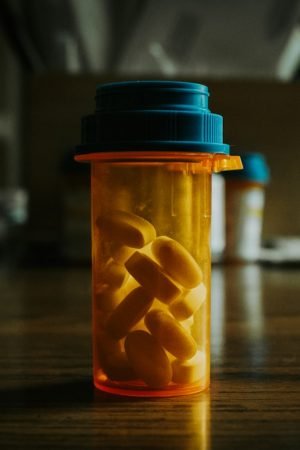 A prescription bottle filled with yellow pills on a wooden table.