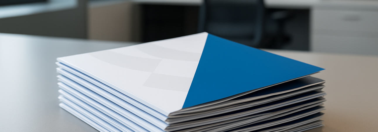 Stack of printed materials with a blue cover on a desk
