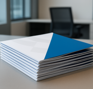Stack of printed materials with a blue cover on a desk