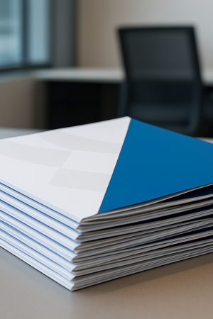 Stack of printed materials with a blue cover on a desk