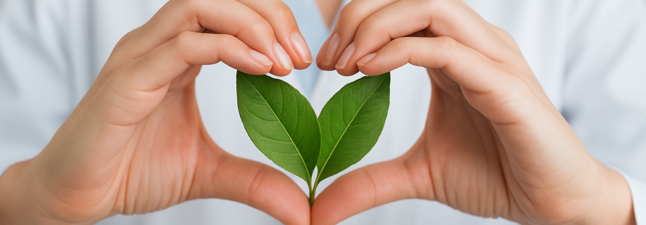 Hands forming a heart shape around two green leaves, suggesting a blend of nature and health.