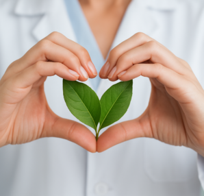 Hands forming a heart shape around two green leaves, suggesting a blend of nature and health.