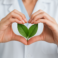 Hands forming a heart shape around two green leaves, suggesting a blend of nature and health.