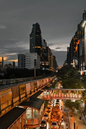 Cityscape at twilight showing busy traffic, skyscrapers, and an elevated train line in an urban setting. — What It's Like to