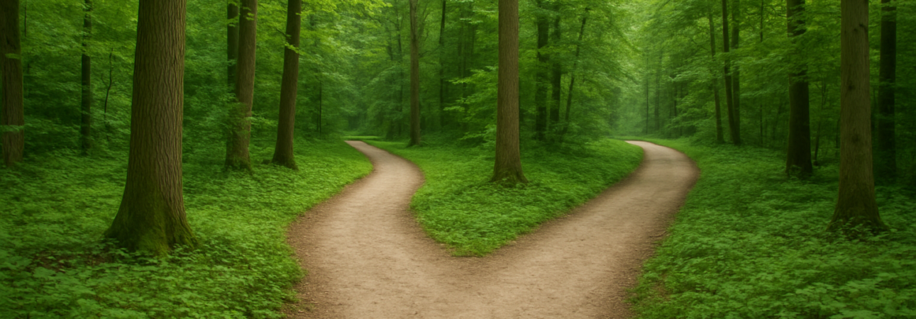 A forest path diverges into two, symbolizing choices and change in life.