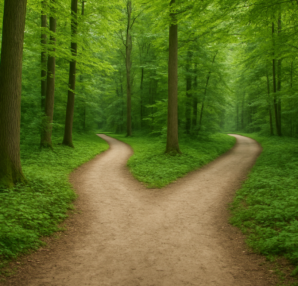 A forest path diverges into two, symbolizing choices and change in life.