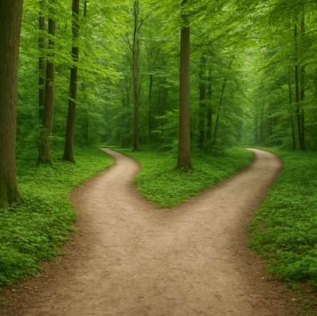 A forest path diverges into two, symbolizing choices and change in life.